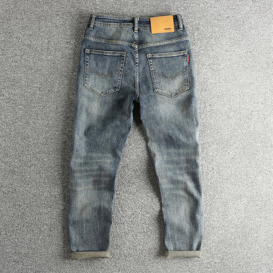 Retro blue wash-fried cat whisker jeans men's high-end custom fabric American fashion brand youth nine-point pants