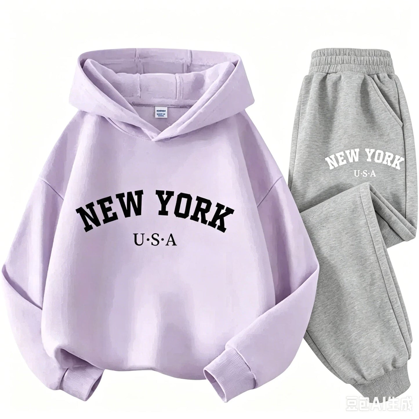 Children Hoodie Set Autumn Winter New York USA Letter Graphic Sweatshirt Pant Suit Baby Boy Girl Kid Sport Two Pieces Tracksuit