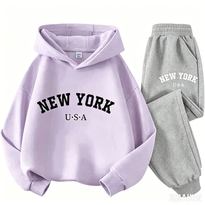 Children Hoodie Set Autumn Winter New York USA Letter Graphic Sweatshirt Pant Suit Baby Boy Girl Kid Sport Two Pieces Tracksuit