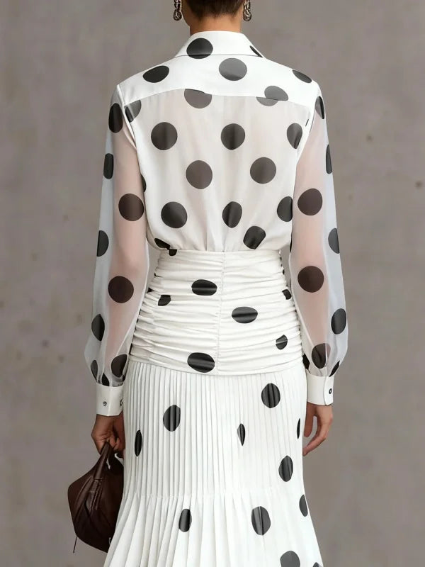Modigirl Women's Vintage Polka Dot Chiffon Shirt 2026 Semi Sheer Sleeves Slimming Versatile for Daily Office Early Autumn Wear