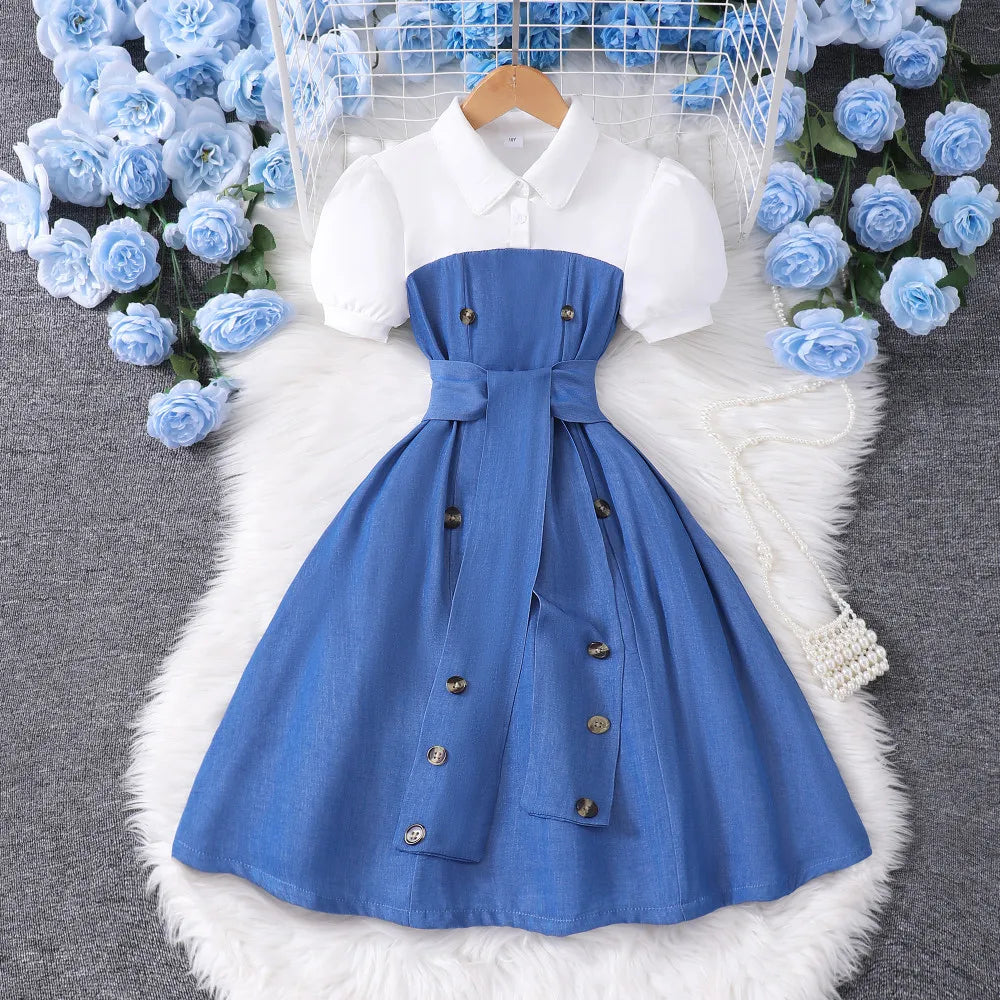 2025 Vintage Elegant Kids Girl Dress Summer Short Sleeves School Graduation Birthday Party Children Dresses 7 8 9 10 11 12 Yrs