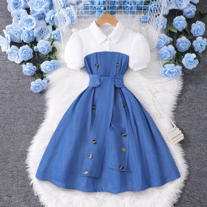 2025 Vintage Elegant Kids Girl Dress Summer Short Sleeves School Graduation Birthday Party Children Dresses 7 8 9 10 11 12 Yrs
