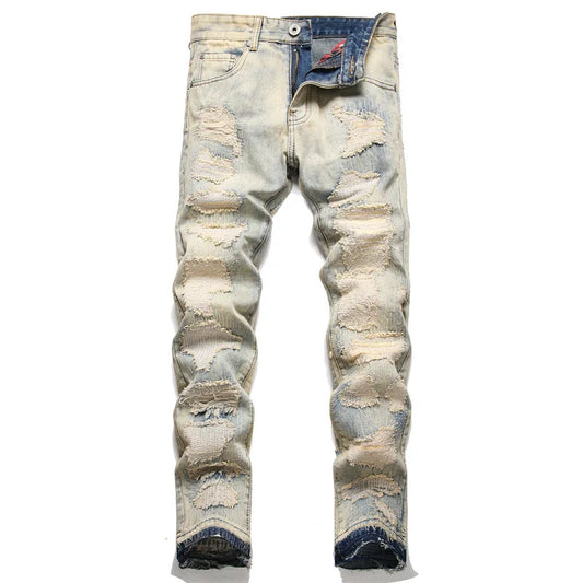 Summer Worn and Scratched Jeans Men's Small Feet Perforated Pockets Ragged Edges Long Pants Slim Fit Printing High Street Tide 2