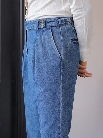 Italian Style Men's High Waist Business Neapolitan Jeans Draped Cuffed Straight Leg Western Pants Youth Trendy Wear Resistant