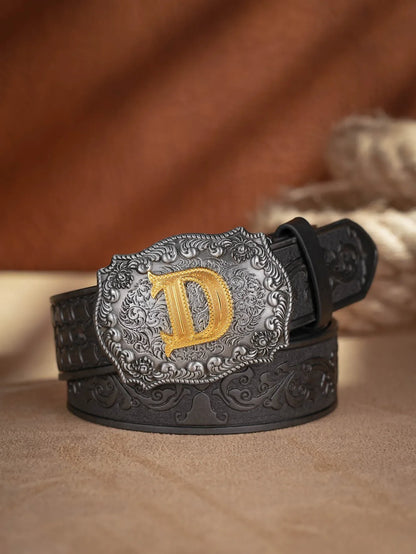 Western Cowboy PU Leather Belt - Men Waist Strap Bull Decoration Floral Engraved for Jeans