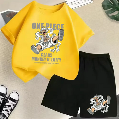 Summer New Cotton Kids T-Shirt Set Luffy Gear 5 One Piece Children Shorts Sport Casual School Outdoor Boys Tracksuit