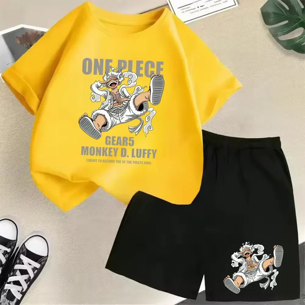 Summer New Cotton Kids T-Shirt Set Luffy Gear 5 One Piece Children Shorts Sport Casual School Outdoor Boys Tracksuit