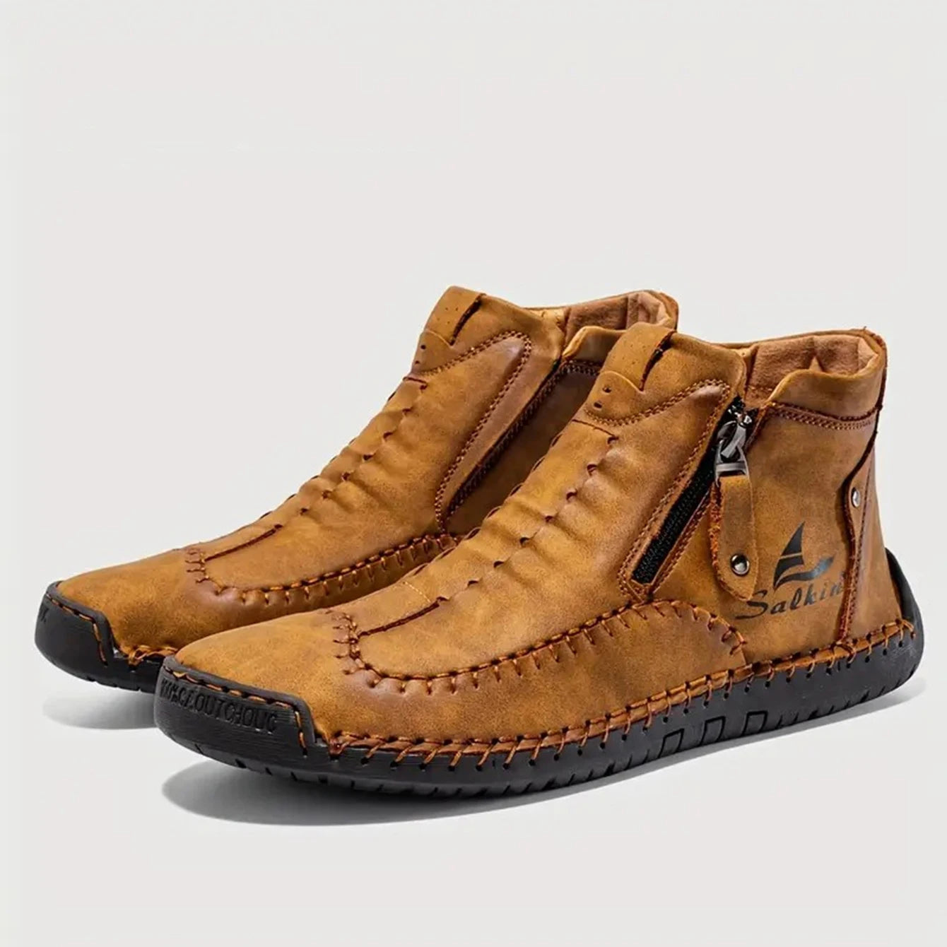 Men's Hand-Sewn High-Top Boots, Fashionable Side-Zip Casual Shoes, All-Season Outdoor Boots, Large Size Men's Shoes, Comfortable Bare Boots