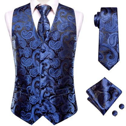 Navy Blue Mens Vest Formal Paisley Waistcoat Jacket Tie Handkerchief Cufflinks Set For Male Dress Suit Wedding Party