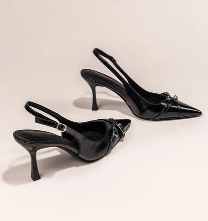 Fashionable Pointed Toe Shallow Mouth New High-heeled Shoes Summer Elegant Buckle Decorated Stiletto Black Women's Shoes NO:602