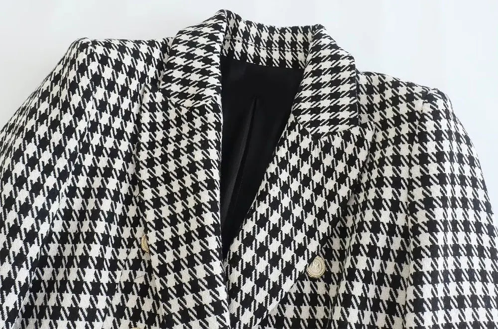 Women Fashion Double Breasted Houndstooth Blazer Coat Vintage Long Sleeve Flap Pockets Female Outerwear Chic Vestes