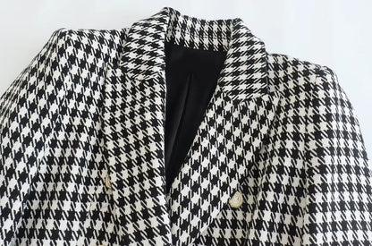 Women Fashion Double Breasted Houndstooth Blazer Coat Vintage Long Sleeve Flap Pockets Female Outerwear Chic Vestes