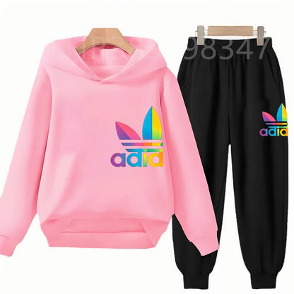 Children Fun Brand Black Clothing Hoodie Coat Sweatshirt Top+Trousers Boys Girls White Toddler 3-12Yrs Casual Kids Pullover Set