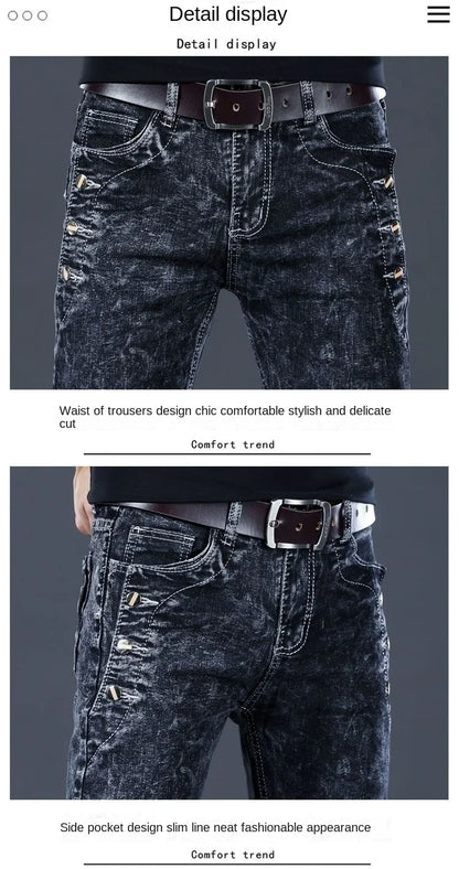 Autumn Winter Brushed Cowboy Luxury Slim Designer Clothes Male Korean Style Denim Skinny Plush Grey Jean Pants Trousers for Men