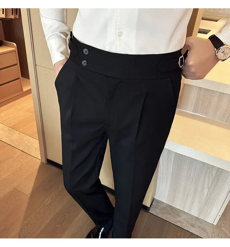 Autumn Winter High Waist Business Dress Pants Men Casual Belt Design Slim Suit Pants Formal Wedding Social Party Male Trousers
