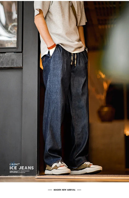 Autumn Casual Jeans for Men Washed Double Pleated Baggy Straight Denim Trousers Mid-rise Zipper Wear-resistant Jeans