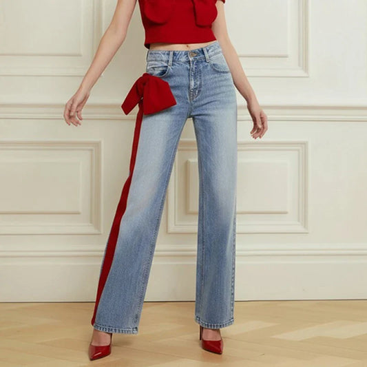 Women's Fall Winter Going Out Jeans 2025 New Stylish Elegant Bow-embellished Blue Leisure Fashion Pants for Ladies