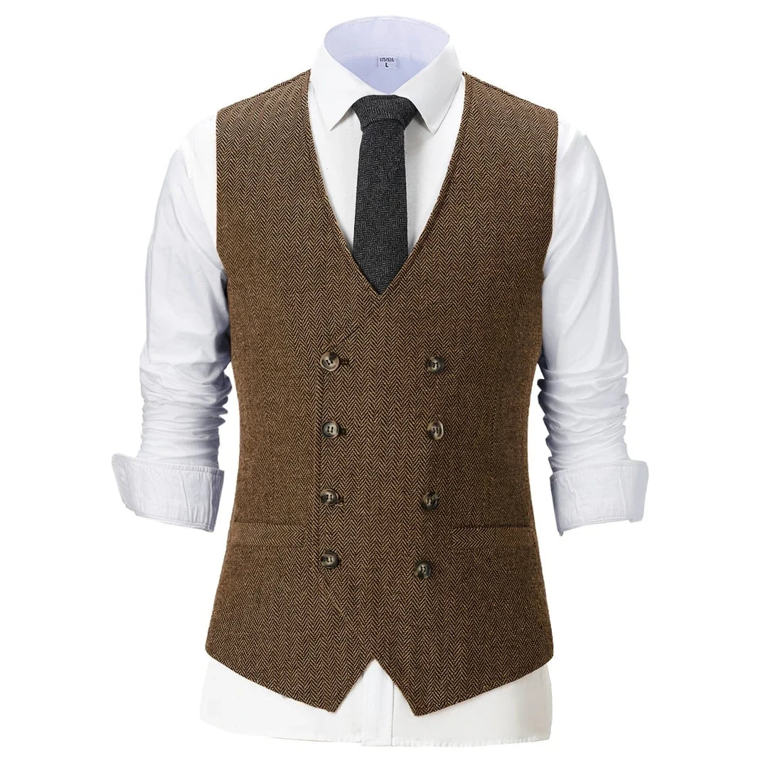 Men Vest Chanpagne Herringbone Double Button V Neck Waistcoat For Wedding Party Business Work Office Daily Casual Men Suit Vest