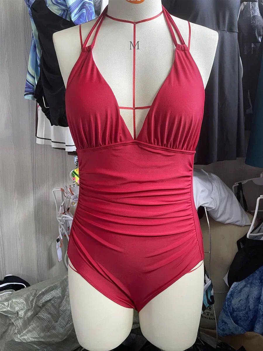 Ruched Wrinkled One Piece Swimsuit Women Swimwear Female Monokini Backless Swimsuits 2025 Bathing Suit Swim Beach Wear Bodysuit