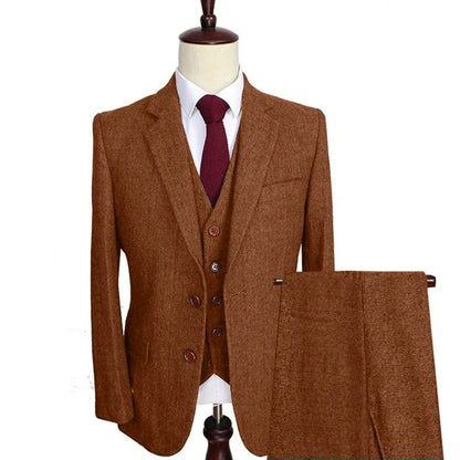 Men Suit 3 Pieces Army Green Tweed Formal Lapel Notch Regular Wedding Groom Banquet Work Tuxedos Set Jacket Vest With Pants