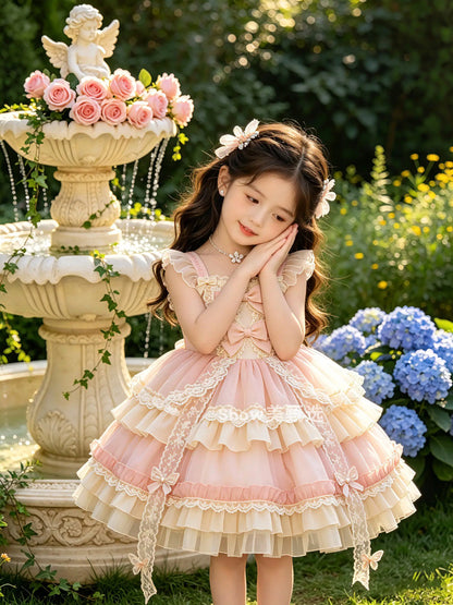 2026 New Summer Baby Girls Princess Lolita Dress Kids Sweet Pink Lace Bow Sleeveless Flower Girl Cake Dress Birthday Party Gown