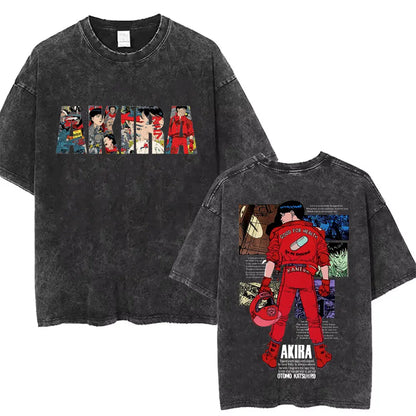 Washed Vintage Anime Akira T Shirts Japanese Science Fiction Cartoon Movie Shotaro Kaneda T-shirt Men's Manga Oversized T-shirts