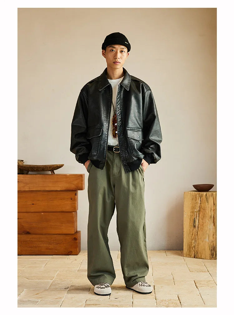 Spring Cool Handsome Oversized Vintage Distressed Black Pu Leather Jacket Men Pockets Luxury Designer Clothes 2024