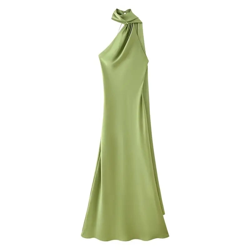 Elegant Long Silk Satin Dress Neck Hanging Pure Color Slim Fit Summer New Fashion Women's Dress City Commuting Casual Wedding