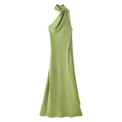 Elegant Long Silk Satin Dress Neck Hanging Pure Color Slim Fit Summer New Fashion Women's Dress City Commuting Casual Wedding