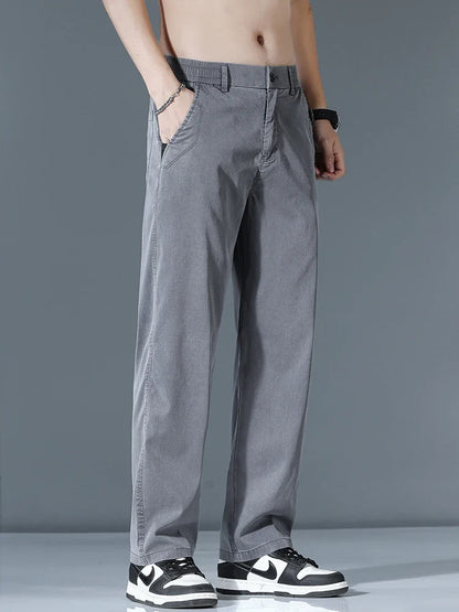Ultra-thin Lyocell Fashion Loose Casual Pants Men Spring Summer Korean Straight Stretch Brand Trousers Male Clothing Wide Pants