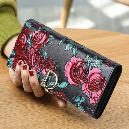 2025 New Genuine Leather Purse Wallet Female 3D Embossing Ladies Personality Retro Long Clutch Wallet Women Purse Coin Holders