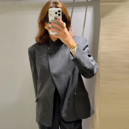 Woman 2025 Asymmetric Dark Grey Blazer Woman Autumn Women's Blazer Crop Long Sleeve Fitted Jacket Korean Popular Outerwears
