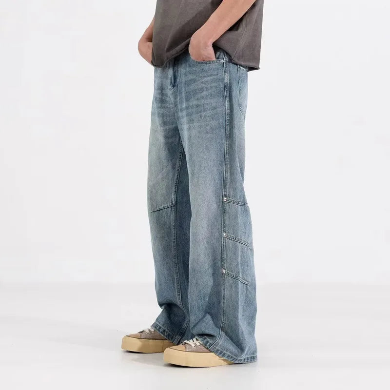 Japanese And Korean Retro Straight Leg Jeans With Loose Fit Men'S Workwear Wide Leg Pants High Street Casual Curved Knife Pants