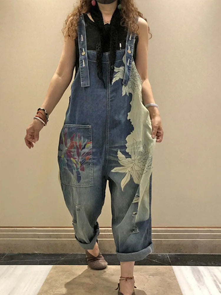 2025 Females Fashion Overalls Ladies Summer Printed Denim Pantalons Vintage Casual Jeans Womens Loose Vintage Trousers