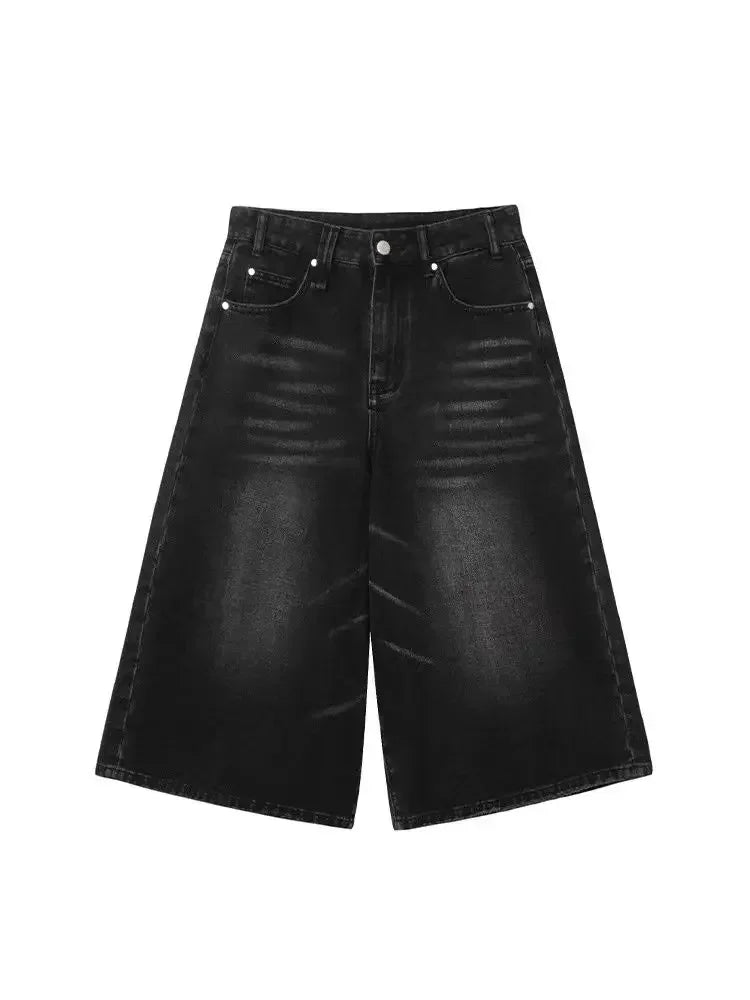 2026 Y2k Retro Women Low Rise Jorts Brushed Black Wash Cropped Baggy Jeans Wide Leg Frayed Denim Short Pants Fashion
