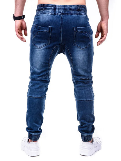 Men Jeans Pencil Pants Elastic Waist Drawstring Lace Up Pockets Washed Distressed Ankle Length Trousers 2025 Streetwear Denims