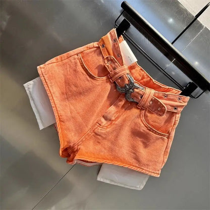 2025 Autumn New Orange Denim Shorts High Waist Pockets Sexy Hot Pants Jean Shorts