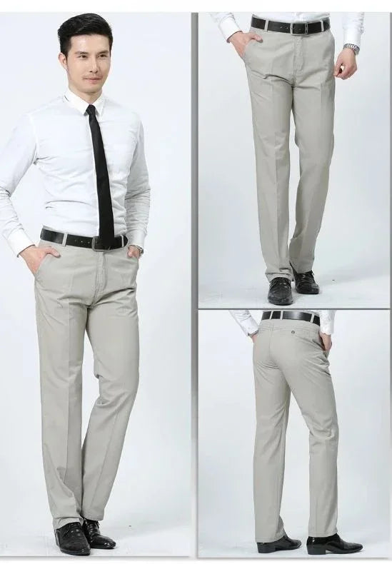 Summer Thin Pants 100% Cotton Men's Autumn Thick Suit Pant Slacks High Waist Straight Loose Bland Solid Business Casual Pants