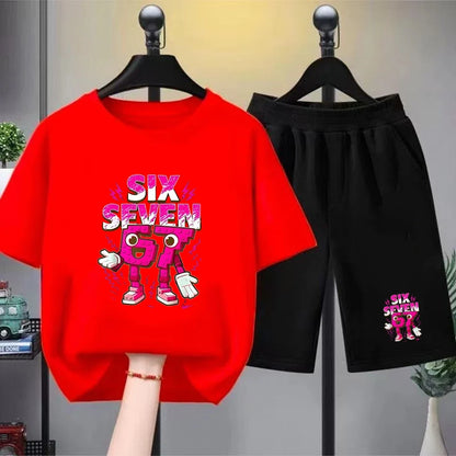 67 Children T-shirt 3-12Yrs Summer Six Seven Print Short-sleeved Cute Funny Fashion Boys Girls Toddler Top+Shorts 2PCasual Set