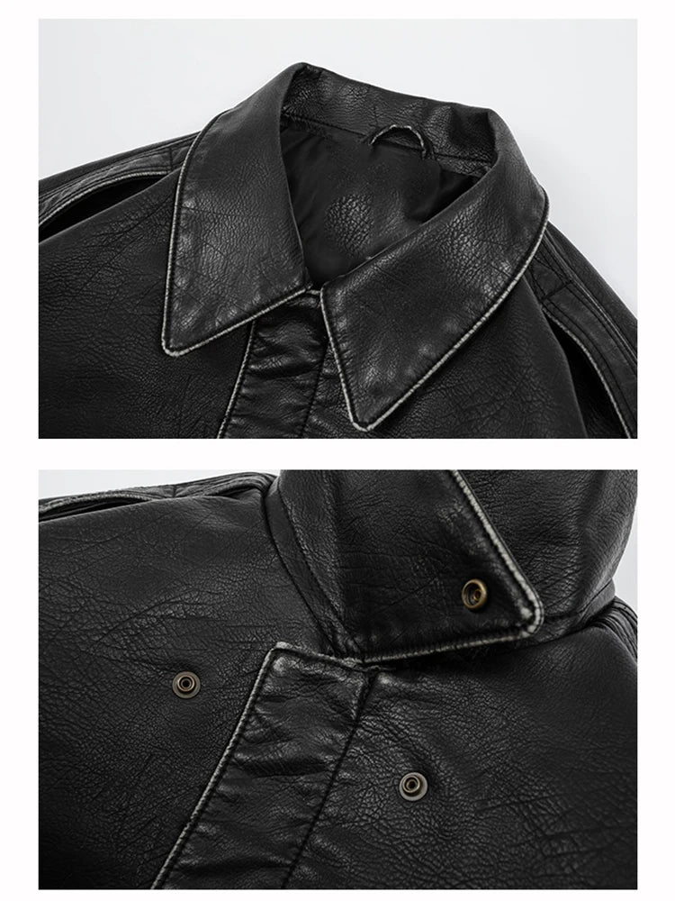 Spring Cool Handsome Oversized Vintage Distressed Black Pu Leather Jacket Men Pockets Luxury Designer Clothes 2024