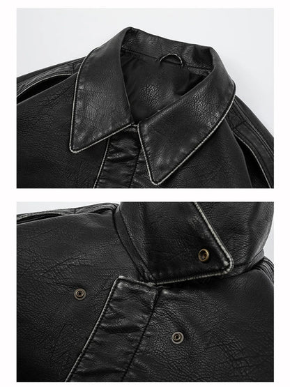 Spring Cool Handsome Oversized Vintage Distressed Black Pu Leather Jacket Men Pockets Luxury Designer Clothes 2024