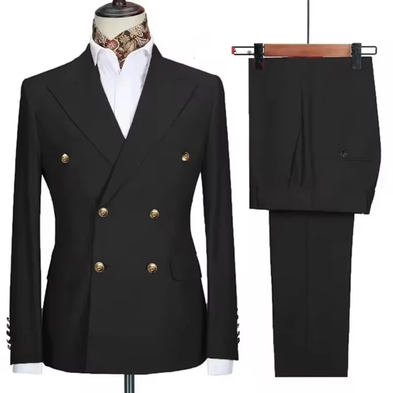 2025 New Men's 2 Piece(Jacket+Pants)Double Breasted Slim Fit Elegant Suit Wedding Groom Business Banquet Tailor-made