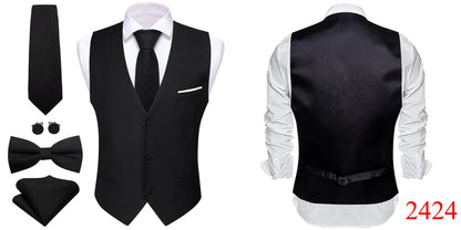 Elegant Vest for Men Pink Solid Satin Waistcoat Tie Bowtie Hanky Set Sleeveless Jacket Wedding Formal Male Gilet Suit Barry Wang