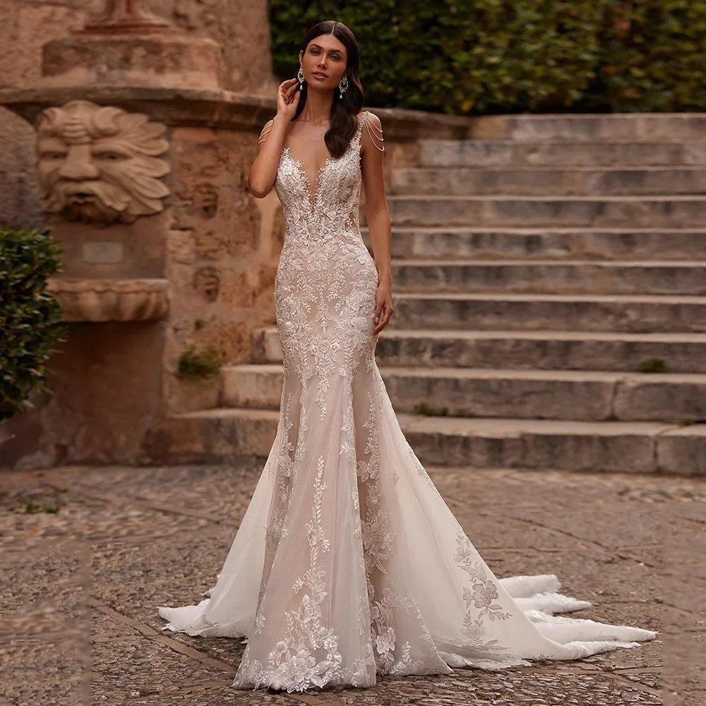 Luxury Sequin Lace Wedding Gowns Pearls Scoop Neck Applique Sweep Train Open Back Champagne Mermaid Bridal Gown for Bride Custom