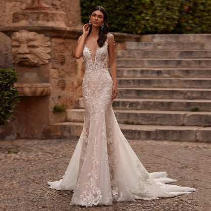 Luxury Sequin Lace Wedding Gowns Pearls Scoop Neck Applique Sweep Train Open Back Champagne Mermaid Bridal Gown for Bride Custom