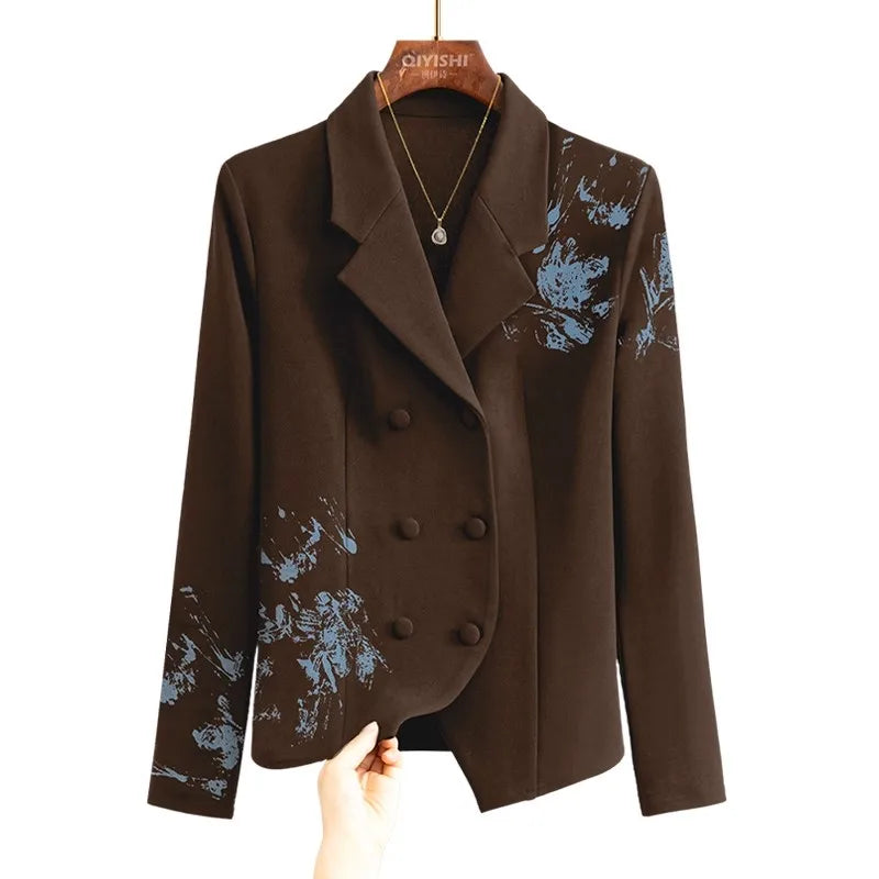 Women's Elegant Black Blazer - Double Breasted Green Print Notched Lapel Office Wear Blazer 2026