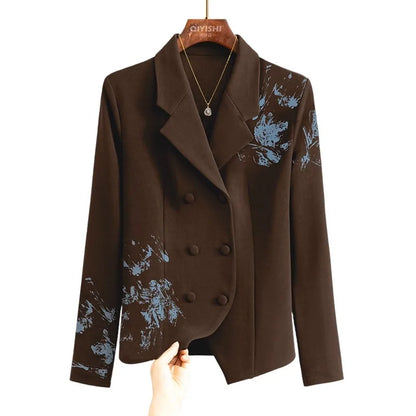 Women's Elegant Black Blazer - Double Breasted Green Print Notched Lapel Office Wear Blazer 2026