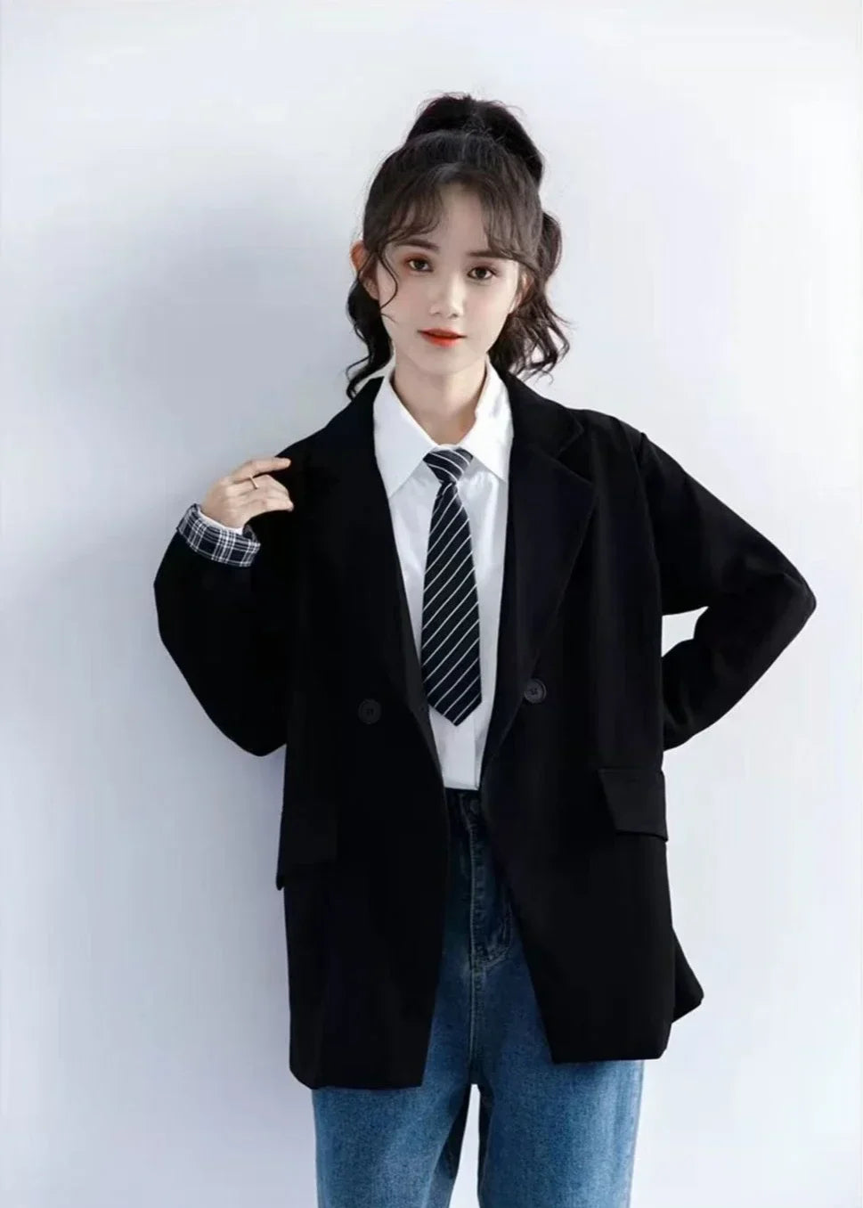 Petite Women's Spring Autumn Black Rolled Cuffs Blazer New Arrival Loose Vintage Casual Plaid Korean Style Chic Suit Jacket