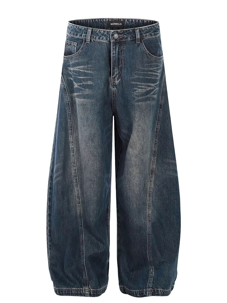 Vintage Black Washed Baggy Jeans Pants Men Wide Leg Curved Blade Pants Streetwear Cowboy Casual Denim Straight Trousers