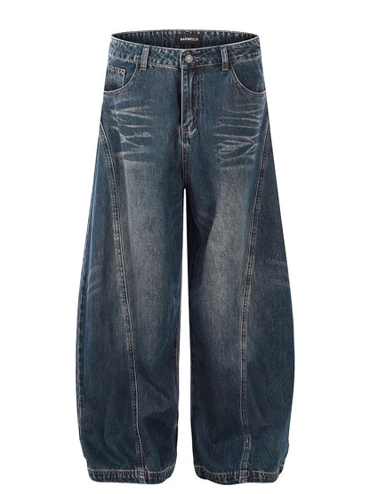 Vintage Black Washed Baggy Jeans Pants Men Wide Leg Curved Blade Pants Streetwear Cowboy Casual Denim Straight Trousers